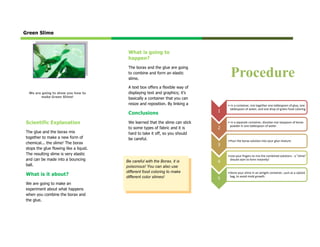 Green Slime



                                         What is going to
                                         happen?
                                         The borax and the glue are going
                                         to combine and form an elastic
                                         slime.
                                                                                    Procedure
                                         A text box offers a flexible way of
  We are going to show you how to        displaying text and graphics; it’s
         make Green Slime!               basically a container that you can
                                         resize and reposition. By linking a       • In a container, mix together one tablespoon of glue, one
                                                                                    tablespoon of water, and one drop of green food coloring
                                         Conclusions                           1

Scientific Explanation                   We learned that the slime can stick       • In a separate container, dissolve one teaspoon of borax
                                                                                    powder in one tablespoon of water.
                                         to some types of fabric and it is     2
The glue and the borax mix               hard to take it off, so you should
together to make a new form of           be careful.                               •Pour the borax solution into your glue mixture.
chemical... the slime! The borax                                               3
stops the glue flowing like a liquid.
The resulting slime is very elastic                                                •Use your fingers to mix the combined solutions - a "slime"
and can be made into a bouncing                                                     should start to form instantly!
                                        Be careful with the Borax, it is       4
ball.                                   poisonous! You can also use
                                        different food coloring to make
What is it about?                       different color slimes!
                                                                                   •Store your slime in an airtight container, such as a ziplock
                                                                                    bag, to avoid mold growth.
                                                                               5
We are going to make an
experiment about what happens
when you combine the borax and
the glue.
 