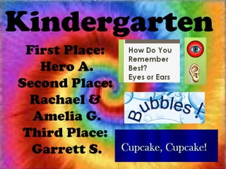 Kindergarten  First Place:  Hero A. Second Place:  Rachael &  Amelia G. Third Place:  Garrett S. 