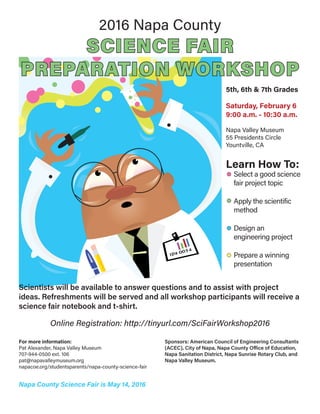 2016 Napa County
SCIENCE FAIR
PREPARATION WORKSHOP
5th, 6th & 7th Grades
Saturday, February 6
9:00 a.m. - 10:30 a.m.
Napa Valley Museum
55 Presidents Circle
Yountville, CA
Learn How To:
	Select a good science
	 fair project topic
	Apply the scientific
	method
	Design an
	 engineering project
	Prepare a winning
	presentation
Scientists will be available to answer questions and to assist with project
ideas. Refreshments will be served and all workshop participants will receive a
science fair notebook and t-shirt.
For more information:
Pat Alexander, Napa Valley Museum
707-944-0500 ext. 106
pat@napavalleymuseum.org
napacoe.org/studentsparents/napa-county-science-fair
Napa County Science Fair is May 14, 2016
Sponsors: American Council of Engineering Consultants
(ACEC), City of Napa, Napa County Office of Education,
Napa Sanitation District, Napa Sunrise Rotary Club, and
Napa Valley Museum.
Online Registration: http://tinyurl.com/SciFairWorkshop2016
 