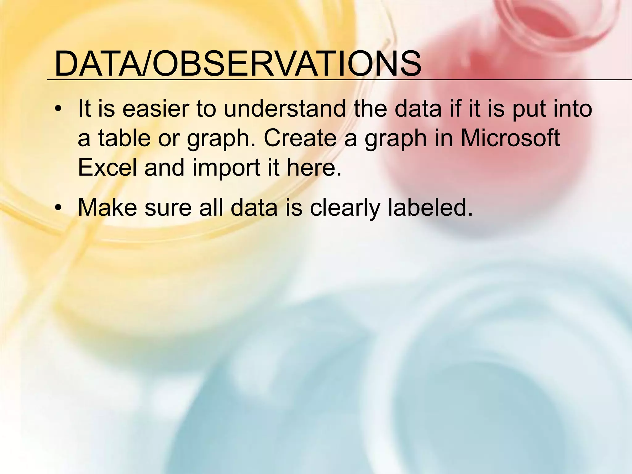 Data/ObservationsIt is easier to understand the data if it is put into a table or graph. Create a graph in Microsoft Excel and import it here.Make sure all data is clearly labeled.