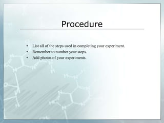 5th bullet pointVariablesControlled variables:  These are the things that are kept the same throughout your experiments.Independent variable:  The one variable that you purposely change and test.Dependent variable:  The measure of change observed because of the independent variable.  It is important to decide how you are going to measure the change.