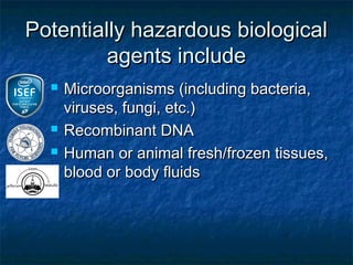 Potentially hazardous biological
         agents include
     Microorganisms (including bacteria,
      viruses, fungi, etc.)
     Recombinant DNA
     Human or animal fresh/frozen tissues,
      blood or body fluids
 