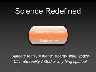 Science Redefined
Scientific Method
Scientific Method
+
Naturalism
Ultimate reality = matter, energy, time, space
Ultimate reality ≠ God or anything spiritual
 