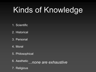 Kinds of Knowledge
1. Scientific
2. Historical
3. Personal
4. Moral
5. Philosophical
6. Aesthetic
7. Religious
...none are exhaustive
 