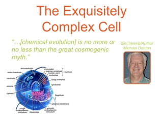 The Exquisitely
Complex Cell
Biochemist/Author
Michael Denton
“…[chemical evolution] is no more or
no less than the great cosmogenic
myth.”
 