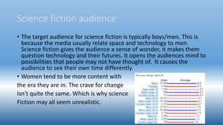 Science fiction audience:
• The target audience for science fiction is typically boys/men. This is
because the media usually relate space and technology to men.
Science fiction gives the audience a sense of wonder, it makes them
question technology and their futures. It opens the audiences mind to
possibilities that people may not have thought of. It causes the
audience to see their own time differently.
• Women tend to be more content with
the era they are in. The crave for change
Isn't quite the same. Which is why science
Fiction may all seem unrealistic.
 