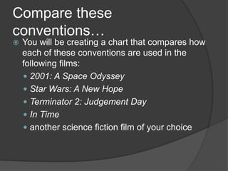 Compare these
conventions…


You will be creating a chart that compares how
each of these conventions are used in the
following films:
 2001: A Space Odyssey
 Star Wars: A New Hope
 Terminator 2: Judgement Day
 In Time
 another science fiction film of your choice

 