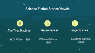 Science Fiction Stories/Novels
The Time Machine Neuromancer
William Gibson,
1984
Hunger Games
Suzzane Collins,
2008
H.G. Wells, 1895
 