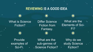REVIEWING IS A GOOD IDEA
Differ Science
Fiction from
Fantasy.
What are the
sub-genres of
Science Fiction?
What is Science
Fiction?
Provide
examples of
Sci-Fi.
What are the
Elements of Sci-
Fi?
Why do we
study Science
Fiction?
 
