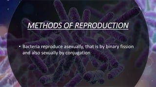 METHODS OF REPRODUCTION
• Bacteria reproduce asexually, that is by binary fission
and also sexually by conjugation
 
