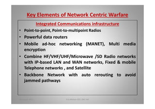 Key Elements of Network Centric Warfare
Integrated Communications infrastructure
Point-to-point, Point-to-multipoint Radios
Powerful data routers
Mobile ad-hoc networking (MANET), Multi media
encryption
Combine HF/VHF/UHF/Microwave /SD Radio networks
with IP-based LAN and WAN networks, Fixed & mobile
Telephone networks , and Satellite
Backbone Network with auto rerouting to avoid
jammed pathways
18 August 2015 D.A.Mohan CEO, DAC Intl 20
 