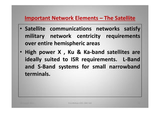 Important Network Elements The Satellite
Satellite communications networks satisfy
military network centricity requirements
over entire hemispheric areas
High power X , Ku & Ka-band satellites are
ideally suited to ISR requirements. L-Band
and S-Band systems for small narrowband
terminals.
18 August 2015 D.A.Mohan CEO, DAC Intl 26
 