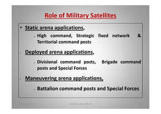 Role of Military Satellites
Static arena applications,
Ø High command, Strategic fixed network &
Territorial command posts
Deployed arena applications,
Ø Divisional command posts, Brigade command
posts and Special Forces
Maneuvering arena applications,
Ø Battalion command posts and Special Forces
18 August 2015 D.A.Mohan CEO, DAC Intl 28
 