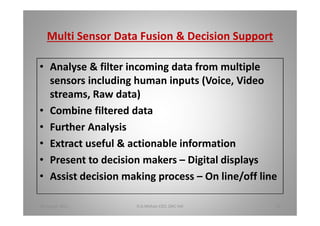 Multi Sensor Data Fusion & Decision Support
Analyse & filter incoming data from multiple
sensors including human inputs (Voice, Video
streams, Raw data)
Combine filtered data
Further Analysis
Extract useful & actionable information
Present to decision makers Digital displays
Assist decision making process On line/off line
18 August 2015 D.A.Mohan CEO, DAC Intl 29
 