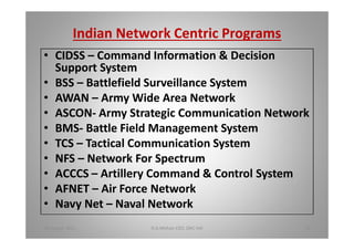 Indian Network Centric Programs
CIDSS Command Information & Decision
Support System
BSS Battlefield Surveillance System
AWAN Army Wide Area Network
ASCON- Army Strategic Communication Network
BMS- Battle Field Management System
TCS Tactical Communication System
NFS Network For Spectrum
ACCCS Artillery Command & Control System
AFNET Air Force Network
Navy Net Naval Network
18 August 2015 D.A.Mohan CEO, DAC Intl 32
 