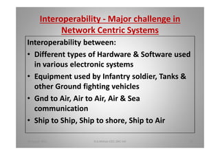 Interoperability - Major challenge in
Network Centric Systems
Interoperability between:
Different types of Hardware & Software used
in various electronic systems
Equipment used by Infantry soldier, Tanks &
other Ground fighting vehicles
Gnd to Air, Air to Air, Air & Sea
communication
Ship to Ship, Ship to shore, Ship to Air
18 August 2015 D.A.Mohan CEO, DAC Intl 36
 