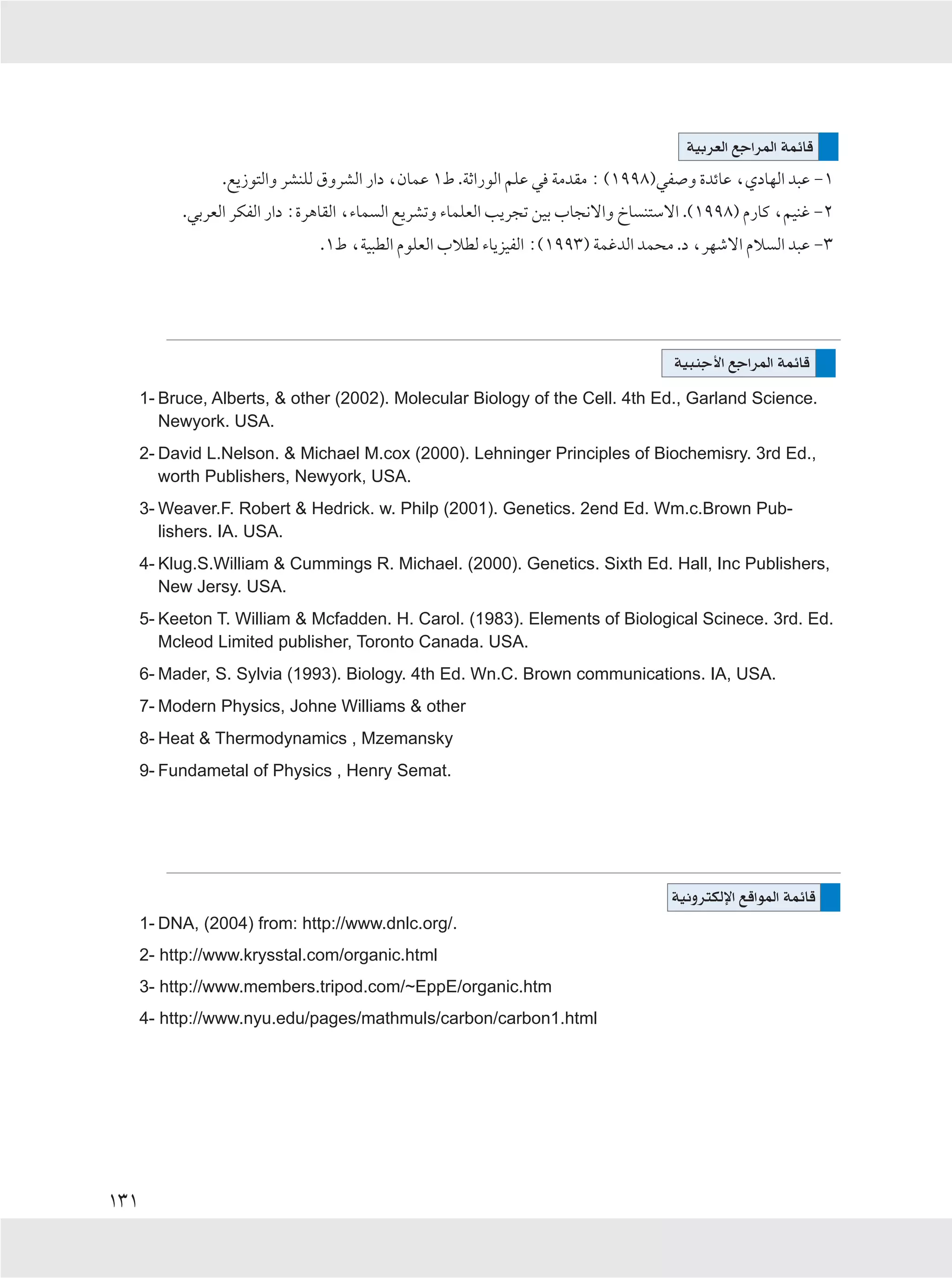WOÐdFÃ« lł«dLÃ« WLzUÁ
                 .l¹“u²Ã«Ë dAMKÃ ‚ËdAÃ« —«œ ¨ÊULŽ ±◊ .WŁ«—uÃ« rKŽ w WÄbIÄ ∫ ©±ππ∏®wH Ë …bzUŽ ¨ÍœUNÃ« b³Ž ≠±
           .wÐdFÃ« dJHÃ« —«œ ∫…d¼UIÃ« ¨¡UL Ã« l¹dAðË ¡ULKFÃ« V¹d−ð sOÐ »U−½ô«Ë ŒU M²Ýô« .©±ππ∏® Â—UÂ ¨rOMž ≠≤
                               .±◊ ¨WO³DÃ« ÂuKFÃ« »öDÃ ¡U¹eOHÃ« ∫©±ππ≥® WLžbÃ« bL×Ä .œ ¨dNýô« Âö Ã« b³Ž ≠≥




                                                                                     WO³Mł_« lł«dLÃ« WLzUÁ
      1- Bruce, Alberts, & other (2002). Molecular Biology of the Cell. 4th Ed., Garland Science.
         Newyork. USA.
      2- David L.Nelson. & Michael M.cox (2000). Lehninger Principles of Biochemisry. 3rd Ed.,
         worth Publishers, Newyork, USA.
      3- Weaver.F. Robert & Hedrick. w. Philp (2001). Genetics. 2end Ed. Wm.c.Brown Pub-
         lishers. IA. USA.
      4- Klug.S.William & Cummings R. Michael. (2000). Genetics. Sixth Ed. Hall, Inc Publishers,
         New Jersy. USA.
      5- Keeton T. William & Mcfadden. H. Carol. (1983). Elements of Biological Scinece. 3rd. Ed.
         Mcleod Limited publisher, Toronto Canada. USA.
      6- Mader, S. Sylvia (1993). Biology. 4th Ed. Wn.C. Brown communications. IA, USA.
      7- Modern Physics, Johne Williams & other
      8- Heat & Thermodynamics , Mzemansky
      9- Fundametal of Physics , Henry Semat.




                                                                                    WO½Ëd²JÃù« lÁ«uLÃ« WLzUÁ
      1- DNA, (2004) from: http://www.dnlc.org/.
      2- http://www.krysstal.com/organic.html
      3- http://www.members.tripod.com/~EppE/organic.htm
      4- http://www.nyu.edu/pages/mathmuls/carbon/carbon1.html




±≥±
 