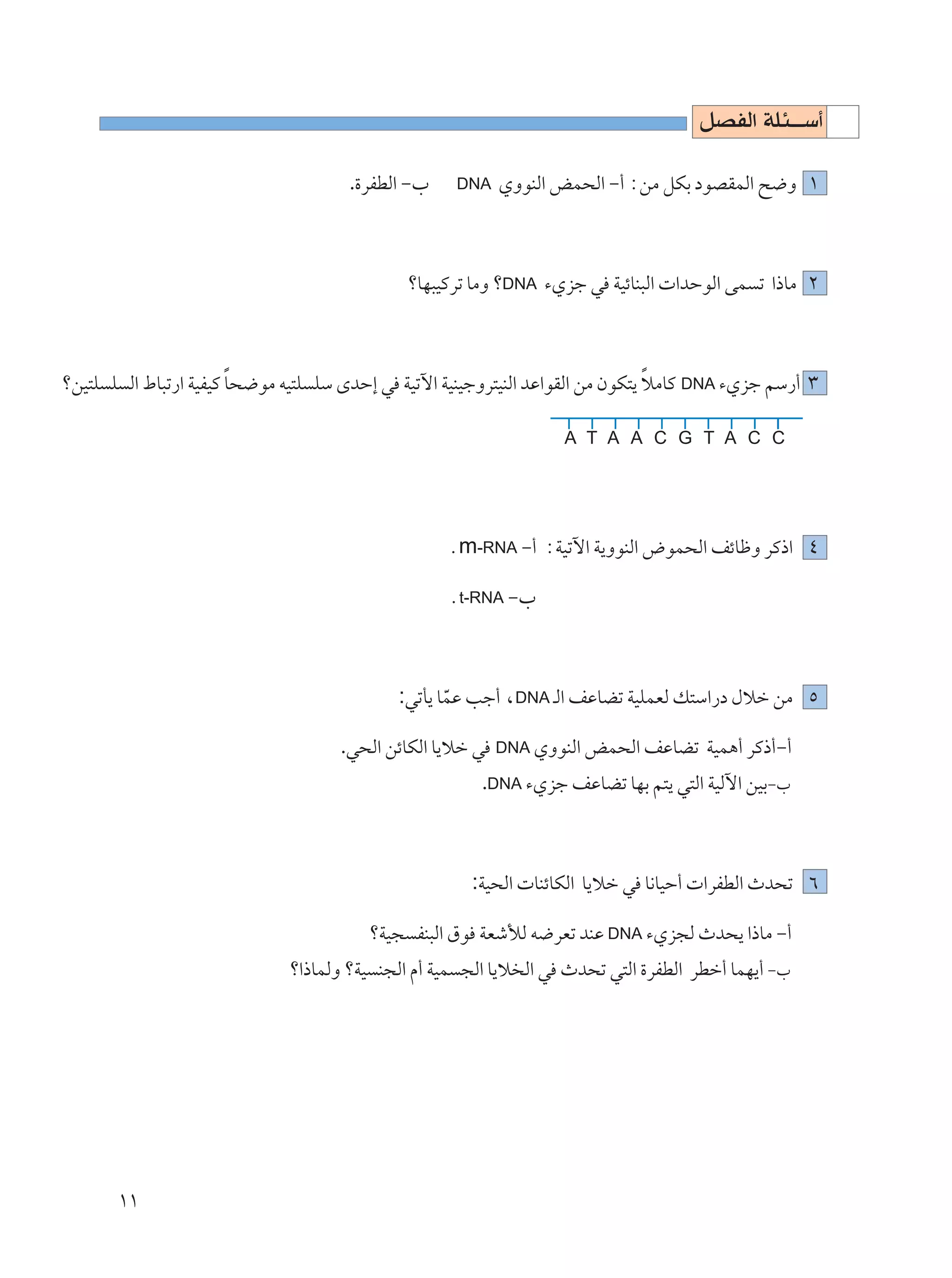 qBHÃ« WK¾???Ý√

                                      .…dHDÃ« ≠»    DNA    ÍËuMÃ« iL×Ã« ≠√ ∫sÄ qJÐ œuBILÃ« `{Ë ±



                                              øUN³OÂdð UÄË øDNA ¡Íeł w WOzUM³Ã«  «bŠuÃ« vL ð «–UÄ ≤



øsO²K K Ã« ◊U³ð—« WOHOÂ U×{uÄ tO²K KÝ ÈbŠ≈ w WOðü« WOMOłËd²OMÃ« bŽ«uIÃ« sÄ ÊuJ²¹ öÄUÂ DNA ¡Íeł rÝ—√ ≥
                        Î                                                        Î

                                                                   A T A A C G T A C C




                                                   Æm-RNA ≠√ ∫WOðü« W¹ËuMÃ« ÷uL×Ã« nzUþË dÂ–« ¥

                                                   Æt-RNA ≠»



                                            :wðQ¹ ULŽ Vł√ ¨DNA ?Ã« nŽUCð WOKLFÃ p²Ý«—œ ‰öš sÄ µ
                                                   Ò

                                     .w×Ã« szUJÃ« U¹öš w   DNA ÍËuMÃ« iL×Ã« nŽUCð     WOL¼√ dÂ–√≠√
                                                        .DNA ¡Íeł nŽUCð UNÐ r²¹ w²Ã« WOÃü« sOÐ≠»



                                                      :WO×Ã«  UMzUJÃ« U¹öš w U½UOŠ√  «dHDÃ« Àb×ð ∂

                                         øWO− HM³Ã« ‚u WFýúÃ t{dFð bMŽ DNA ¡Íe−Ã Àb×¹ «–UÄ ≠√
                              ø«–ULÃË øWO M−Ã« Â√ WOL −Ã« U¹ö Ã« w Àb×ð w²Ã« …dHDÃ« dDš√ ULN¹√ ≠»




       ±±
 