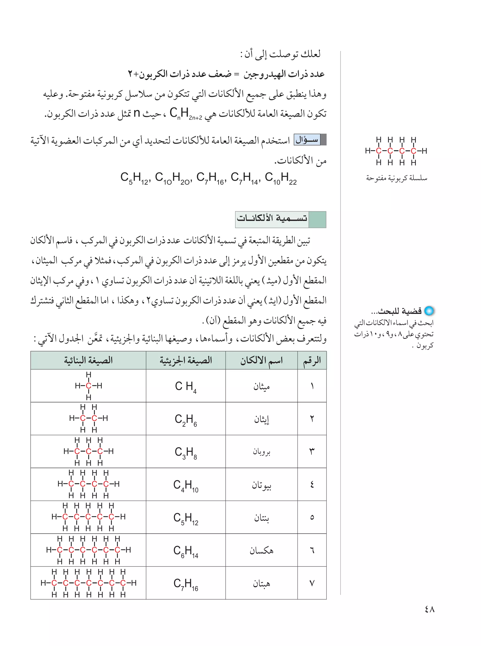 ∫Ê√ vÃ≈ XK uð pKFÃ
                            ≤´ÊuÐdJÃ«  «—– œbŽ nF{ Ω 5łË—bONÃ«  «—– œbŽ
   tOKŽË .WŠu²HÄ WO½uÐdÂ qÝöÝ sÄ ÊuJ²ð w²Ã«  U½UJÃ_« lOLł vKŽ o³DM¹ «c¼Ë
    .ÊuÐdJÃ«  «—– œbŽ q¦9 n YOŠ¨ CnH2n+2 w¼  U½UJÃúÃ WÄUFÃ« WGOBÃ« ÊuJð

WOðü« W¹uCFÃ«  U³ÂdLÃ« sÄ Í√ b¹b×²Ã  U½UJÃúÃ WÄUFÃ« WGOBÃ« Âb ²Ý« ‰«R???Ý
                                                         . U½UJÃ_« sÄ
                           C5H12, C1OH2O, C7H16, C7H14, C10H22                              WŠu²HÄ WO½uÐdÂ WK KÝ



                                                            U??½UJÃ_« WOL??? ð
ÊUJÃ_« rÝU ¨ VÂdLÃ« w ÊuÐdJÃ«  «—– œbŽ  U½UJÃ_« WOL ð w WF³²LÃ« WI¹dDÃ« sO³ð
¨ÊU¦OLÃ« VÂdÄ w ö¦L ¨VÂdLÃ« w ÊuÐdJÃ«  «—– œbŽ vÃ≈ eÄd¹ ‰Ë_« sOFDIÄ sÄ ÊuJ²¹
ÊU¦¹ù« VÂdÄ w Ë¨± ÍËU ð ÊuÐdJÃ«  «—– œbŽ Ê√ WOMOðöÃ« WGKÃUÐ wMF¹ © ?¦?OÄ® ‰Ë_« lDILÃ«
„d²A² w½U¦Ã« lDILÃ« UÄ« ¨ «cJ¼Ë ¨≤ÍËU ð ÊuÐdJÃ«  «—– œbŽ Ê√ wMF¹ © ?¦?¹«® ‰Ë_« lDILÃ«
                                                                                             ÆÆÆY×³KÃ WOCÁ
                                           Æ©Ê¬® lDILÃ« u¼Ë  U½UJÃ_« lOLł tO            w²Ã«  U½UJÃô« ¡ULÝ« w Y×Ð«
                                                                                         «—–±∞Ë¨πË¨∏ vKŽ Íu²×ð
∫wðü« ‰Ëb'« sF9 ¨WO¾¹e'«Ë WOzUM³Ã« UNGO Ë ¨U¼¡ULÝ√Ë ¨ U½UJÃ_« iFÐ ·dF²²ÃË
             ]                                                                                              Æ ÊuÐdÂ
         WOzUM³Ã« WGOBÃ«             WO¾¹e'« WGOBÃ«         ÊUJÃô« rÝ«        rÁdÃ«

                                         C H4                   ÊU¦OÄ            ±

                                         C2 H 6                 ÊU¦¹≈            ≤

                                         C3 H 8                ÊUÐËdÐ            ≥

                                         C4H10                 ÊUðuOÐ            ¥

                                         C5H12                  ÊU²MÐ            µ

                                         C6H14                ÊU J¼              ∂

                                         C7H16                 ÊU²³¼             ∑

                                                                                                               ¥∏
 