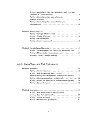 v
Activity 4: What changes take place when water is left in an open
container? In a closed container? . . . . . . . . . . . . . . . . . . . . . . . . . . . . . 125
Activity 5: What changes take place when water
is heated or cooled? . . . . . . . . . . . . . . . . . . . . . . . . . . . . . . . . . . . . . . . . 126
Activity 6: What changes take place when ice turns
into liquid water? . . . . . . . . . . . . . . . . . . . . . . . . . . . . . . . . . . . . . . . . . . 128
Module 2. Atoms: Inside Out . . . . . . . . . . . . . . . . . . . . . . . . . . . . . . . . . . . . . . . . . 131
Activity 1: “Charge” it to experience! . . . . . . . . . . . . . . . . . . . . . . . . . . 134
Activity 2: The big difference . . . . . . . . . . . . . . . . . . . . . . . . . . . . . . . . 136
Activity 3: Small but terrible . . . . . . . . . . . . . . . . . . . . . . . . . . . . . . . . . 137
Activity 4: What’s in a number?. . . . . . . . . . . . . . . . . . . . . . . . . . . . . . . 140
Module 3. Periodic Table of Elements . . . . . . . . . . . . . . . . . . . . . . . . . . . . . . . . . 145
Activity 1: Tracking the path and constructing the Periodic Table . . . 147
Activity 2: Metal… Metal: How reactive are you? . . . . . . . . . . . . . . . . 151
Appendix: Element Cards for Activity 1 . . . . . . . . . . . . . . . . . . . . . . . . 155
Module 1. Biodiversity . . . . . . . . . . . . . . . . . . . . . . . . . . . . . . . . . . . . . . . . . . . . . . 169
Activity 1: What’s in a name? . . . . . . . . . . . . . . . . . . . . . . . . . . . . . . . . 170
Activity 2: How do bacteria in yogurt look like? . . . . . . . . . . . . . . . . . . 173
Alternate Activity: How do bacteria in fermented milk look like. . . . 174
Activity 3: What can you do to prevent dengue?. . . . . . . . . . . . . . . . . 182
Activity 4: What is the importance of biodiversity to ecosystems . . . 186
Activity 5: I create the future . . . . . . . . . . . . . . . . . . . . . . . . . . . . . . . . 188
Module 2. Interactions . . . . . . . . . . . . . . . . . . . . . . . . . . . . . . . . . . . . . . . . . . . . . . 199
Activity 1: How do you indentify the components
of a food chain in an ecosystem? . . . . . . . . . . . . . . . . . . . . . . . . . . . . . 200
Activity 2: Making food webs . . . . . . . . . . . . . . . . . . . . . . . . . . . . . . . 202
Activity 3: Meat eaters vs. plant eaters . . . . . . . . . . . . . . . . . . . . . . . . 203
 