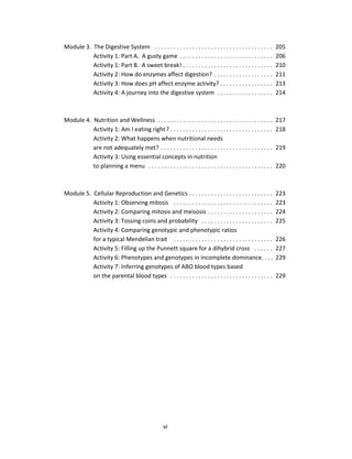 vi
Module 3. The Digestive System . . . . . . . . . . . . . . . . . . . . . . . . . . . . . . . . . . . . . . 205
Activity 1: Part A. A gusty game . . . . . . . . . . . . . . . . . . . . . . . . . . . . . . 206
Activity 1: Part B. A sweet break! . . . . . . . . . . . . . . . . . . . . . . . . . . . . . 210
Activity 2: How do enzymes affect digestion? . . . . . . . . . . . . . . . . . . . 211
Activity 3: How does pH affect enzyme activity? . . . . . . . . . . . . . . . . . 213
Activity 4: A journey into the digestive system . . . . . . . . . . . . . . . . . . 214
Module 4. Nutrition and Wellness . . . . . . . . . . . . . . . . . . . . . . . . . . . . . . . . . . . . . 217
Activity 1: Am I eating right? . . . . . . . . . . . . . . . . . . . . . . . . . . . . . . . . . 218
Activity 2: What happens when nutritional needs
are not adequately met? . . . . . . . . . . . . . . . . . . . . . . . . . . . . . . . . . . . . 219
Activity 3: Using essential concepts in nutrition
to planning a menu . . . . . . . . . . . . . . . . . . . . . . . . . . . . . . . . . . . . . . . . 220
Module 5. Cellular Reproduction and Genetics . . . . . . . . . . . . . . . . . . . . . . . . . . . 223
Activity 1: Observing mitosis . . . . . . . . . . . . . . . . . . . . . . . . . . . . . . . . 223
Activity 2: Comparing mitosis and meisosis . . . . . . . . . . . . . . . . . . . . . 224
Activity 3: Tossing coins and probability . . . . . . . . . . . . . . . . . . . . . . . 225
Activity 4: Comparing genotypic and phenotypic ratios
for a typical Mendelian trait . . . . . . . . . . . . . . . . . . . . . . . . . . . . . . . . 226
Activity 5: Filling up the Punnett square for a dihybrid cross . . . . . . 227
Activity 6: Phenotypes and genotypes in incomplete dominance. . . . 229
Activity 7: Inferring genotypes of ABO blood types based
on the parental blood types . . . . . . . . . . . . . . . . . . . . . . . . . . . . . . . . . 229
 