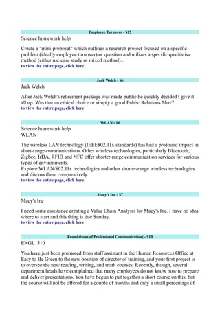 Employee Turnover - $15
Science homework help
Create a "mini-proposal" which outlines a research project focused on a specific
problem (ideally employee turnover) or question and utilizes a specific qualitative
method (either use case study or mixed method)...
to view the entire page, click here
Jack Welch - $6
Jack Welch
After Jack Welch's retirement package was made public he quickly decided t give it
all up. Was that an ethical choice or simply a good Public Relations Mov?
to view the entire page, click here
WLAN - $6
Science homework help
WLAN
The wireless LAN technology (IEEE802.11x standards) has had a profound impact in
short-range communications. Other wireless technologies, particularly Bluetooth,
Zigbee, IrDA, RFID and NFC offer shorter-range communication services for various
types of environments.
Explore WLAN/802.11x technologies and other shorter-range wireless technologies
and discuss them comparatively.
to view the entire page, click here
Macy's Inc - $7
Macy's Inc
I need some assistance creating a Value Chain Analysis for Macy's Inc. I have no idea
where to start and this thing is due Sunday.
to view the entire page, click here
Foundations of Professional Communication( - $10
ENGL 510
You have just been promoted from staff assistant in the Human Resources Office at
Easy to Be Green to the new position of director of training, and your first project is
to oversee the new reading, writing, and math courses. Recently, though, several
department heads have complained that many employees do not know how to prepare
and deliver presentations. You have begun to put together a short course on this, but
the course will not be offered for a couple of months and only a small percentage of
 