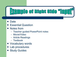 Date Essential Question Notes from Teacher guided PowerPoint notes Movie/Video Article Readings Textbook Vocabulary words  Lab procedures Study Guides Example of Right Side "Input" 