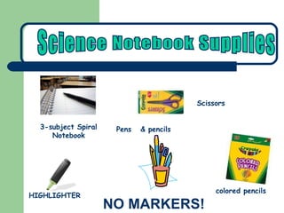 colored pencils Pens  & pencils NO MARKERS! 3-subject Spiral Notebook HIGHLIGHTER Scissors Science Notebook Supplies 