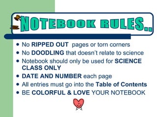 No  RIPPED OUT   pages or torn corners No  DOODLING  that doesn’t relate to science Notebook should only be used for  SCIENCE CLASS ONLY  DATE AND NUMBER  each page All entries must go into the  Table of Contents BE  COLORFUL & LOVE  YOUR NOTEBOOK NOTEBOOK RULES.. 