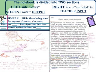 The notebook is divided into TWO sections .  LEFT side  “loves ”  STUDENT  work =  OUTPUT   RIGHT  side is “restricted” to  TEACHER  INPUT WARMUP #1  Fill in the missing word. Decomposer  Producer  Consumer Plants are ____.  Lions, tigers, and bears are ____.  Worms and mushrooms are____ 