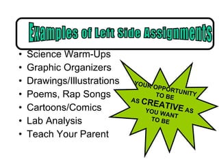 Science Warm-Ups Graphic Organizers Drawings/Illustrations Poems, Rap Songs Cartoons/Comics Lab Analysis  Teach Your Parent YOUR OPPORTUNITY  TO BE AS  CREATIVE  AS  YOU WANT TO BE Examples of Left Side Assignments 
