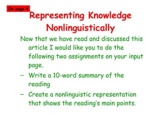 Representing Knowledge Nonlinguistically Now that we have read and discussed this article I would like you to do the following two assignments on your input page. Write a 10-word summary of the reading Create a nonlinguistic representation that shows the reading’s main points. On page 4 