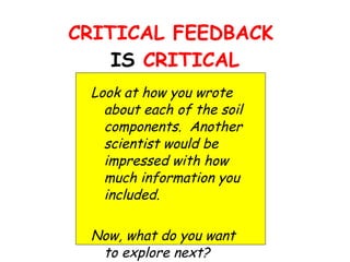 CRITICAL FEEDBACK  IS  CRITICAL Look at how you wrote about each of the soil components.  Another scientist would be impressed with how much information you included. Now, what do you want to explore next? 