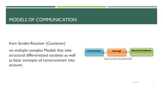 MODELS OF COMMUNICATION
from Sender-Receiver (Container)
via multiple complex Models that take
structural differentiated societies as well
as basic concepts of constructivism into
account.
28.9.2018 15
 