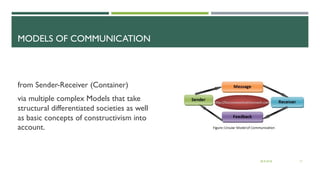MODELS OF COMMUNICATION
from Sender-Receiver (Container)
via multiple complex Models that take
structural differentiated societies as well
as basic concepts of constructivism into
account.
28.9.2018 17
 