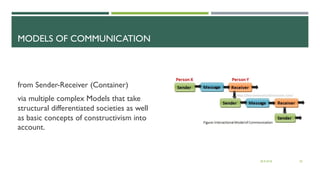 MODELS OF COMMUNICATION
from Sender-Receiver (Container)
via multiple complex Models that take
structural differentiated societies as well
as basic concepts of constructivism into
account.
28.9.2018 20
 