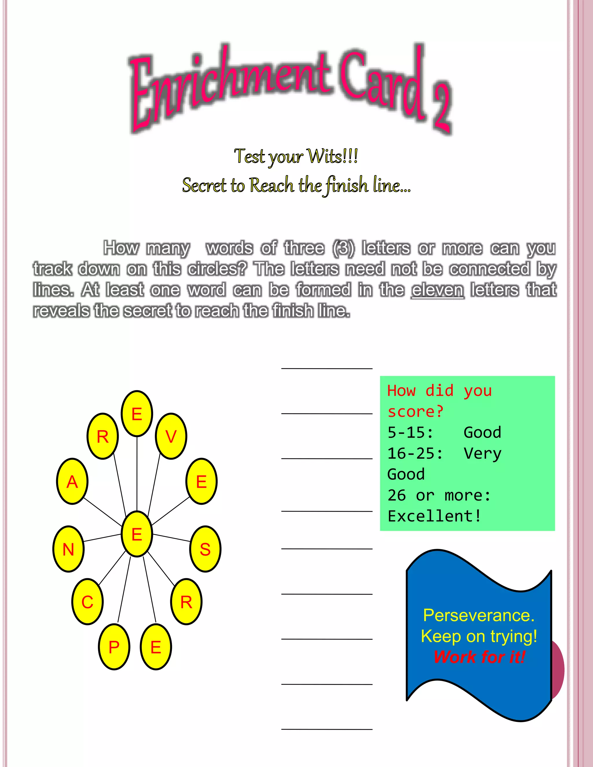 How many words of three (3) letters or more can you 
track down on this circles? The letters need not be connected by 
lines. At least one word can be formed in the eleven letters that 
reveals the secret to reach the finish line. 
E 
E 
E 
A 
V 
S 
R 
P 
N 
E 
C R 
How did you 
score? 
5-15: Good 
16-25: Very 
Good 
26 or more: 
Excellent! 
Perseverance. 
Keep on trying! 
Work for it! 
 