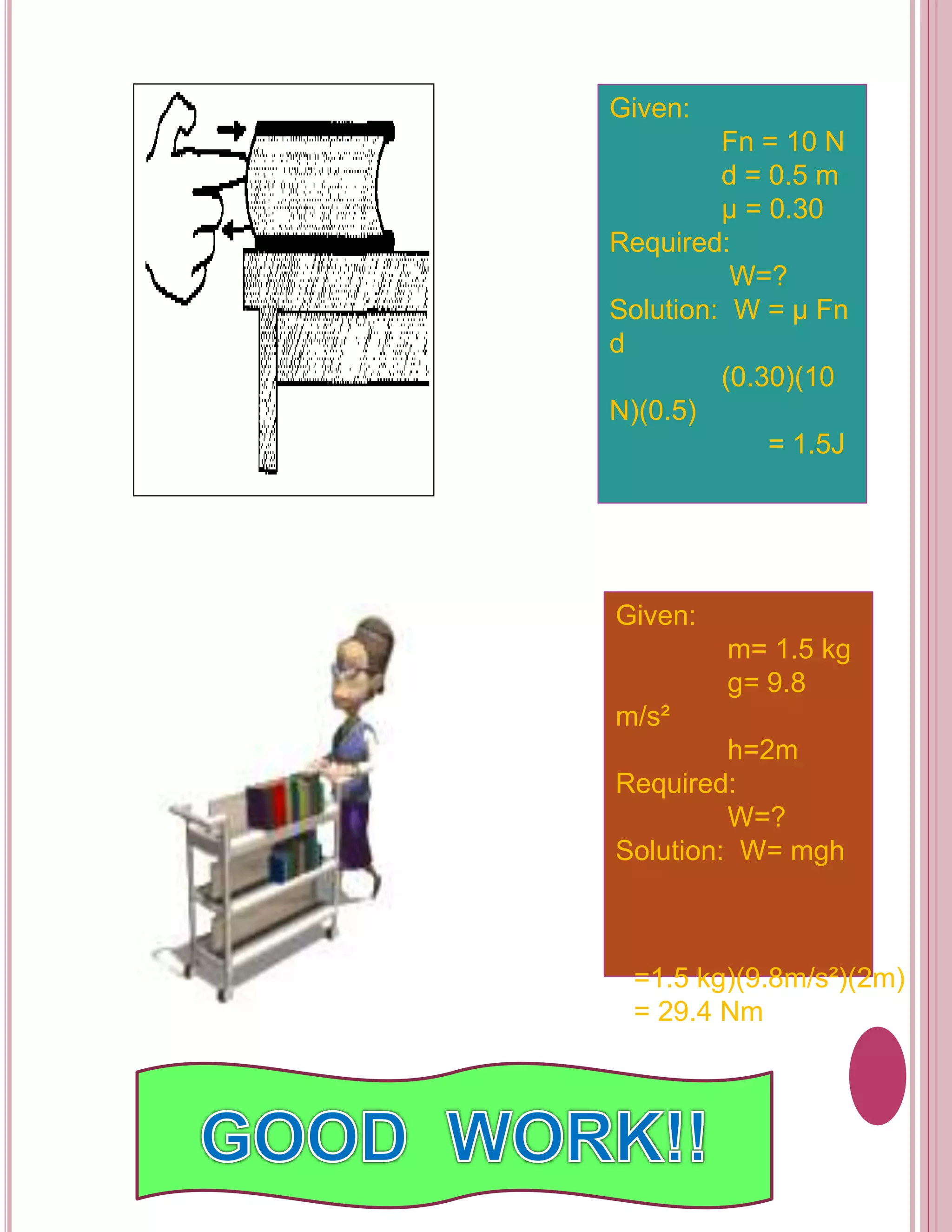 Given: 
Fn = 10 N 
d = 0.5 m 
μ = 0.30 
Required: 
W=? 
Solution: W = μ Fn 
d 
(0.30)(10 
N)(0.5) 
= 1.5J 
Given: 
m= 1.5 kg 
g= 9.8 
m/s² 
h=2m 
Required: 
W=? 
Solution: W= mgh 
=1.5 kg)(9.8m/s²)(2m) 
= 29.4 Nm 
 