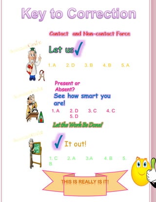 1. A 2. D 3. B 4. B 5. A 
Present or 
Absent? 
See how smart you 
are! 
1. A 2. D 3. C 4. C 
5. D 
It out! 
1. C 2. A 3.A 4. B 5. 
B 
THIS IS REALLY IS IT! 
 