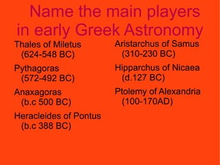 Name the main players in early Greek Astronomy Thales of Miletus (624-548 BC) 