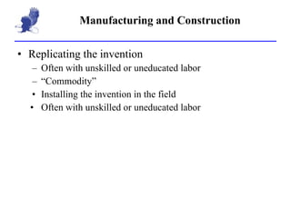Manufacturing and Construction Replicating the invention Often with unskilled or uneducated labor “ Commodity” Installing the invention in the field Often with unskilled or uneducated labor 