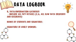 DATA LOGBOOK
B. DATA/INFORMATION GATHERED
- INCLUDE ALL KEY DETAILS (E.G. ALL RAW DATA OBSERVED
AND RECORDED)
NAMES OF STUDENTS AND SIGNATURE:
SIGNATURE OF ADULT SPONSOR:
 