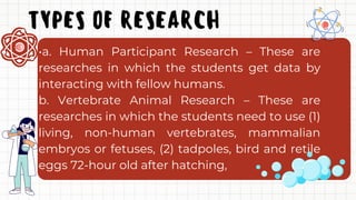 TYPES OF RESEARCH
•a. Human Participant Research – These are
researches in which the students get data by
interacting with fellow humans.
b. Vertebrate Animal Research – These are
researches in which the students need to use (1)
living, non-human vertebrates, mammalian
embryos or fetuses, (2) tadpoles, bird and retile
eggs 72-hour old after hatching,
 