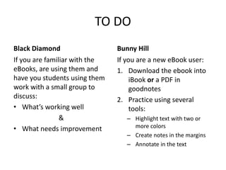 TO DO 
Black Diamond 
If you are familiar with the 
eBooks, are using them and 
have you students using them 
work with a small group to 
discuss: 
• What’s working well 
& 
• What needs improvement 
Bunny Hill 
If you are a new eBook user: 
1. Download the ebook into 
iBook or a PDF in 
goodnotes 
2. Practice using several 
tools: 
– Highlight text with two or 
more colors 
– Create notes in the margins 
– Annotate in the text 
 
