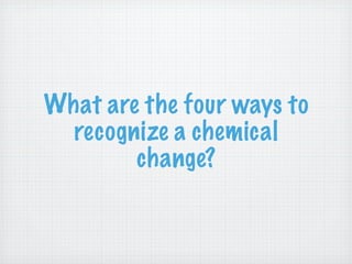 What are the four ways to
  recognize a chemical
        change?
 