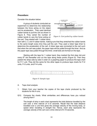 13
Procedure:
Consider this situation below:
A group of students conducted an
experiment to determine the relationship
between the force acting on the object
and its acceleration. They used identical
rubber bands to pull the cart as shown in
Figure 8. They varied the number of
rubber bands to vary the force acting on
the cart. They started with 1 rubber band,
then with 2, 3, and 4 rubber bands, making sure that they stretched the rubber bands
to the same length every time they pull the cart. They used a ticker tape timer to
determine the acceleration of the cart. A ticker tape was connected to the cart such
that when the cart was pulled, the paper tape will be pulled through the timer. And as
the paper tape was pulled through the timer, small dots are formed on the tape.
Starting with the tape for 1 rubber band, they marked the first clear dot and
every 6th
dot thereafter and cut the tape along these points (Figure 9). Then they
pasted the strips side by side in order on a graphing paper to produce the tape chart
for F=1 unit. They did the same for the other tapes to produce tape charts for F=2
units, F=3 units, and F=4 units.
A. Tape chart analysis
1. Obtain from your teacher the copies of the tape charts produced by the
students for the 4 runs.
Q12. Compare the charts. What similarities and differences have you noticed
among them?
The length of strip in each chart represents the total distance travelled by the
cart over a time interval of 0.10 seconds. Recall that the total distance
travelled over a unit time gives the average velocity of the moving body, or
speed when travelling in straight line. Hence, each strip represents the
average velocity of the cart over a time interval of 0.10 seconds.
Figure 8. Cart pulled by rubber bands
Figure 9: Sample tape
 