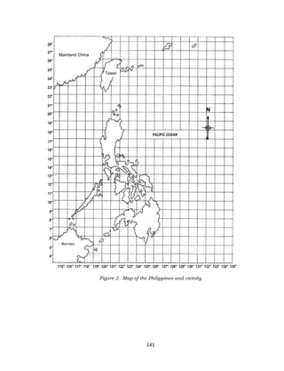 141
Figure 2. Map of the Philippines and vicinity
Mainland China
Taiwan
Borneo
PACIFIC OCEAN
115° 116° 117° 118° 119° 120° 121° 122° 123° 124° 125° 126° 127° 128° 129° 130° 131° 132° 133° 134° 135°
28°
27°
26°
25°
24°
23°
22°
21°
20°
19°
18°
17°
16°
15°
14°
13°
12°
11°
10°
9°
8°
7°
6°
5°
4°
 