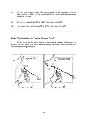 142
2. Connect the plotted points. The region within is the Philippine Area of
Responsibility or PAR. It is the job of PAGASA to monitor all tropical cyclones
that enter this area.
Q1. If a typhoon is located at 15°N, 138°E, is it within the PAR?
Q2. How about if the typhoon is at 19°N, 117°E, is it inside the PAR?
Under What Conditions do Tropical Cyclones Form?
Shown below are the tracks (paths) of four tropical cyclones that entered the
PAR in the past years. The tracks were plotted by PAGASA. Study the maps and
answer the following questions.
 