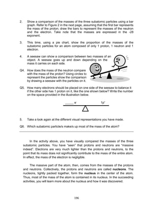 196
2. Show a comparison of the masses of the three subatomic particles using a bar
graph. Refer to Figure 2 in the next page, assuming that the first bar represents
the mass of the proton; draw the bars to represent the masses of the neutron
and the electron. Take note that the masses are expressed in the -28
exponent.
3. This time, using a pie chart, show the proportion of the masses of the
subatomic particles for an atom composed of only 1 proton, 1 neutron and 1
electron.
4. A seesaw can show a comparison between two masses of an
object. A seesaw goes up and down depending on the
mass it carries on each side.
Q4. How does the mass of the neutron compare
with the mass of the proton? Using circles to
represent the particles show the comparison
by drawing a seesaw with the particles on it.
Q5. How many electrons should be placed on one side of the seesaw to balance it
if the other side has 1 proton on it, like the one shown below? Write the number
on the space provided in the illustration below.
5. Take a look again at the different visual representations you have made.
Q6. Which subatomic particle/s make/s up most of the mass of the atom?
In the activity above, you have visually compared the masses of the three
subatomic particles. You have “seen” that protons and neutrons are “massive
indeed”. Electrons are very much lighter than the protons and neutrons, to the
point that its mass does not significantly contribute to the mass of the entire atom.
In effect, the mass of the electron is negligible.
The massive part of the atom, then, comes from the masses of the protons
and neutrons. Collectively, the protons and neutrons are called nucleons. The
nucleons, tightly packed together, form the nucleus in the center of the atom.
Thus, most of the mass of the atom is contained in its nucleus. In the succeeding
activities, you will learn more about the nucleus and how it was discovered.
_____ e-
1p+
 