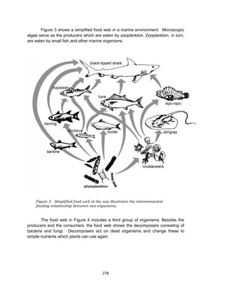 278
Figure 3 shows a simplified food web in a marine environment. Microscopic
algae serve as the producers which are eaten by zooplankton. Zooplankton, in turn,
are eaten by small fish and other marine organisms.
Figure 3. Simplified food web in the sea illustrates the interconnected
feeding relationship between sea organisms.
The food web in Figure 4 includes a third group of organisms. Besides the
producers and the consumers, the food web shows the decomposers consisting of
bacteria and fungi. Decomposers act on dead organisms and change these to
simple nutrients which plants can use again.
 